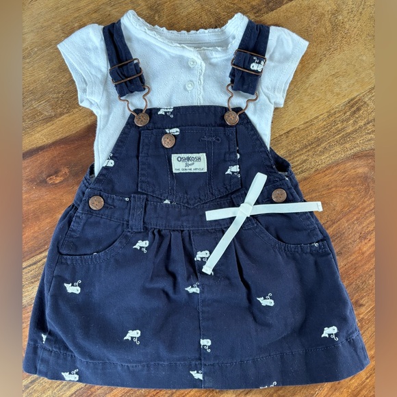 Osh Kosh Baby Navy Twill Jumper Dress with Whale Print and Henley style Onesie - Picture 1 of 9